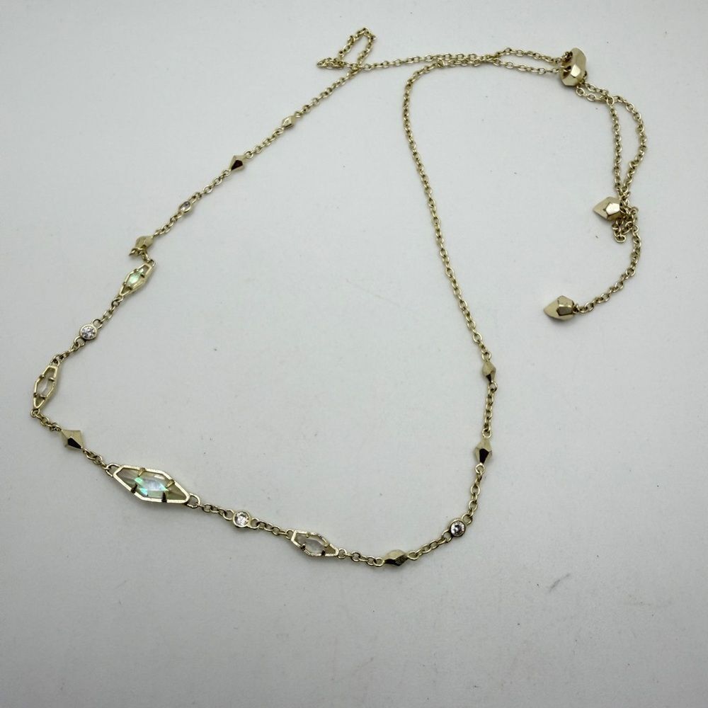 ~26" Kendra Scott "Debra" Aurora Borealis glass, cz necklace in gold tone metal!